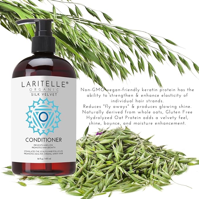 Laritelle Organic Conditioner 16 oz | Organic Prunella, Sesame, Flaxseed, Shea + Keratin + Biotin + Renewing Hair Growth Rosemary, Geranium, Myrtle, Ravintsara, Chamomile and Laurel Leaf | GF