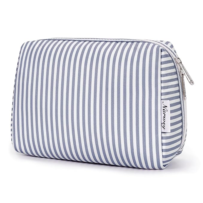 Narwey Striped Makeup Bag Travel Cosmetic Bag Organizer Toiletry Bag Make Up Bags with Compartments for Women Girls (Large, Greyish Blue Stripe)