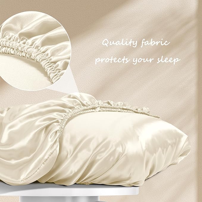 Manyshofu Satin Pillowcases for Hair Protection - 1Pcs Beige Pillow Cases, Elastic Band Standard & Queen Satin Pillowcases Luxury Silky Pillow Cases Travel Pillow Covers