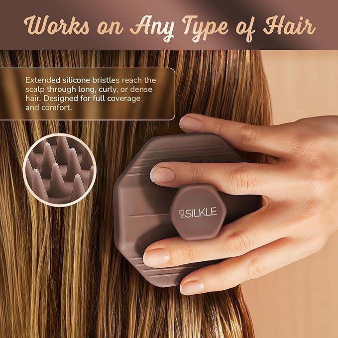 Silicone Scalp Scrubber - Massage Shampoo Brush, Soft Bristles for Hair Growth & Dandruff Removal - Ergonomic Design, Wet & Dry Use, Deep Cleansing Scalp Exfoliator for All Hair Types - Brown