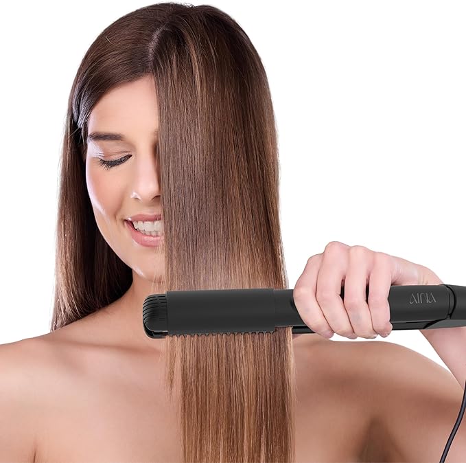 AINA Hair Straightener Comb, Flat Iron with Comb | Titanium Iron 450F | Dual Voltage Hair Straightening | Curling 2 in1 | Resolve Tangled | frizz Free (Vader Black)