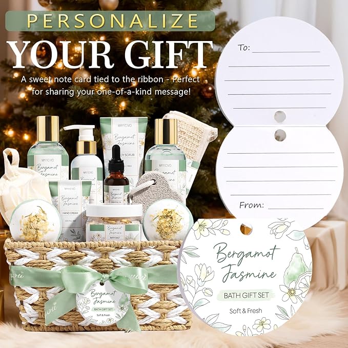 Christmas Birthday Gifts for Women, Bergamot Jasmine Relaxing Spa Gift Baskets for Women Self Care Package Bath Gift Set, Home Bath and Body Kit Pampering Gifts for Womens Mom Her Friends Sister Wife