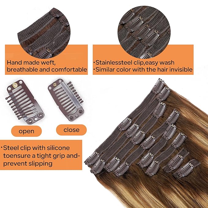 Straight Clip In Hair Extensions Real Human Hair 8Pcs Clip In Balayage Chocolate Brown to Caramel Blonde Human Hair Extensions with 18Clips Lace Weft 120g 14inch