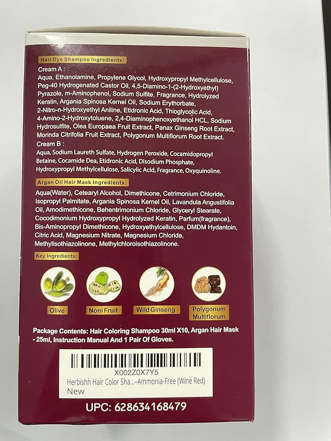 Herbishh Hair Color Shampoo – Natural Dye for Gray Hair, with Argan Mask, Travel Size, Long-Lasting Tint in Minutes, 10+1 Pack, Ammonia-Free (Wine Red)