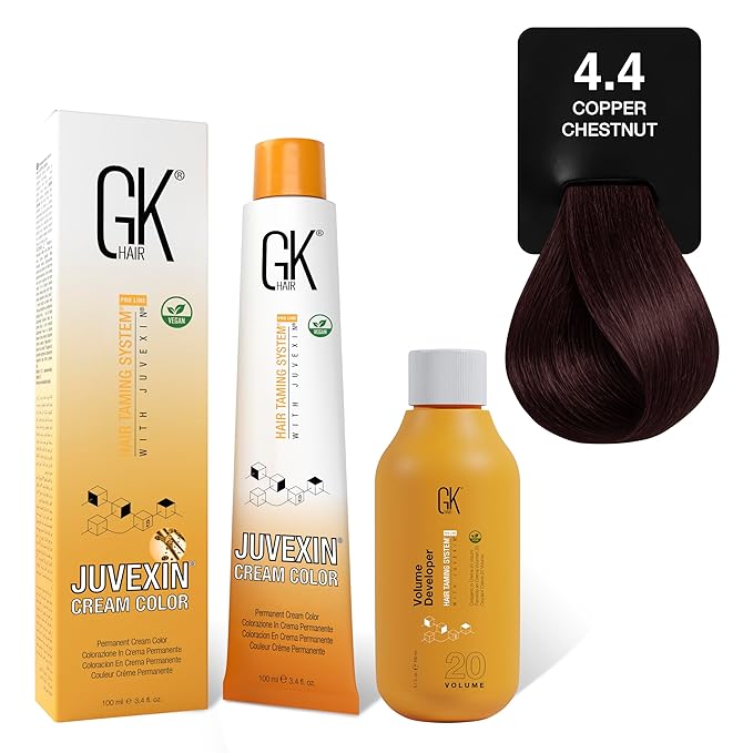 GK HAIR Global Keratin Copper Chestnut 4.4 Hair Color Cream Tube (3.4 Fl Oz/100ml) + 20 Volume Developer (5 Fl Oz/150ml) - Professional Permanent Long Lasting Toner Dye