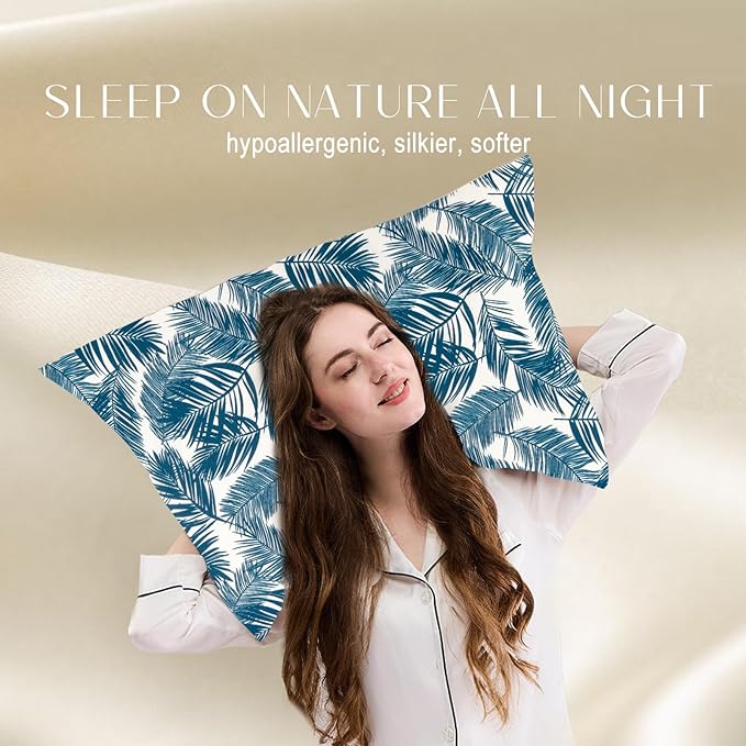 ZIMASILK 100% Pure Mulberry Silk Pillowcase for Hair and Skin Health,Both Sides 19 Momme Silk Floral Print,1pc (King 20''x36'',Blue Leaves)