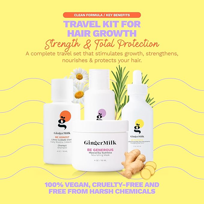 GINGER MILK Hair Growth Travel Kit | Stimulates, Hydrates & Nourishes with Ginger, Rosemary & Biotin | Includes Shampoo, Hair Mask, Heat & Sun Protector, Dropper Serum & Free Travel Bag