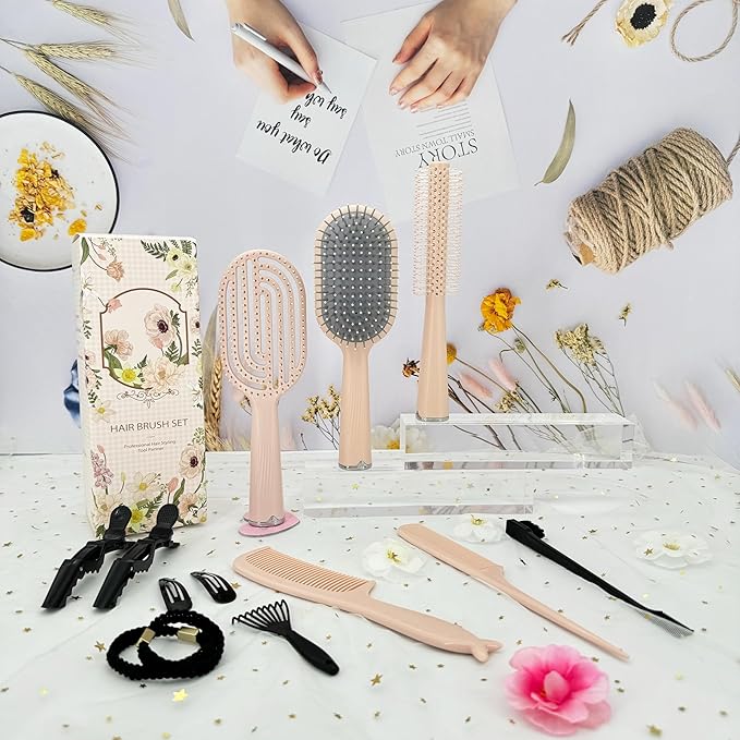 Hair Brush Set, Professional Styling Tools with Combs and Accessories, Pink, Gift Box Included (Pink Brush+Pink Comb)