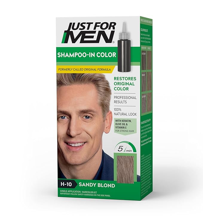 Just For Men Shampoo-In Color (Formerly Original Formula), Mens Hair Color with Keratin and Vitamin E for Stronger Hair - Sandy Blond, H-10, Pack of 1
