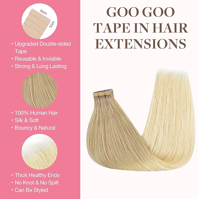 GOO GOO Tape in Hair Extensions Human Hair, O7/60F Ombre Ash Blonde with Frosted Highlights, 18inch 50g 20pcs, Skin Weft Seamless Invisible, Silky Straight with Thick Ends, Remy Human Hair