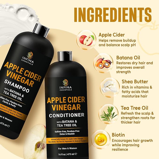 Apple Cider Vinegar Shampoo and Conditioner Set | 16 fl oz Each | with Batana Oil, Biotin & Tea Tree | Clarifying, Detoxifying & Moisturizing Formula | Promotes Hair Growth & Shine