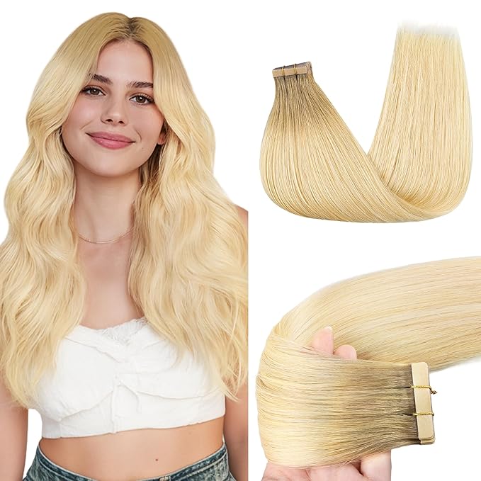 GOO GOO Tape in Hair Extensions Human Hair, R7/60F Rooted Ash Blonde with Frosted Highlights, 14inch 50g 20pcs, Skin Weft Seamless Invisible, Silky Straight with Thick Ends, Remy Human Hair