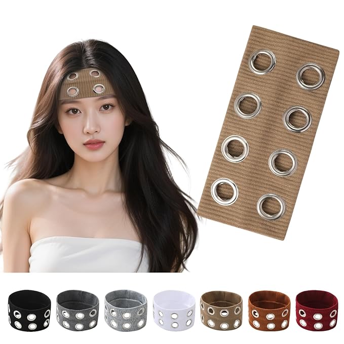 papasgix Grommet Headband for Women, Y2K Elastic Headband Wide Black Hair Band with Holes Metal Rock Style 2000s Hair Accessories (1, Camel)