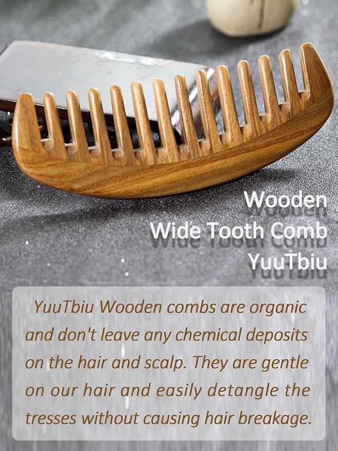 Wide Tooth Green Sandalwood Detangler Comb - Wooden Hair Comb for Natural Hair, Curly/Thick Hair Knot Remover (No Handle, Scented Wood)