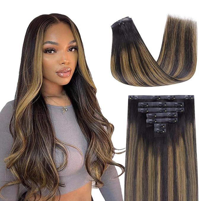 Lashey Straight Seamless Clip in Hair Extensions Human Hair 110g 7pcs 22 Inch Long Natural Black Mixed Chestnut Brown PU Weft Clip in Hair Extensions for Black Women