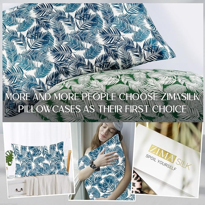 ZIMASILK 100% Pure Mulberry Silk Pillowcase for Hair and Skin Health,Both Sides 19 Momme Silk Floral Print,1pc (Standard 20''x26'',Blue Leaves)