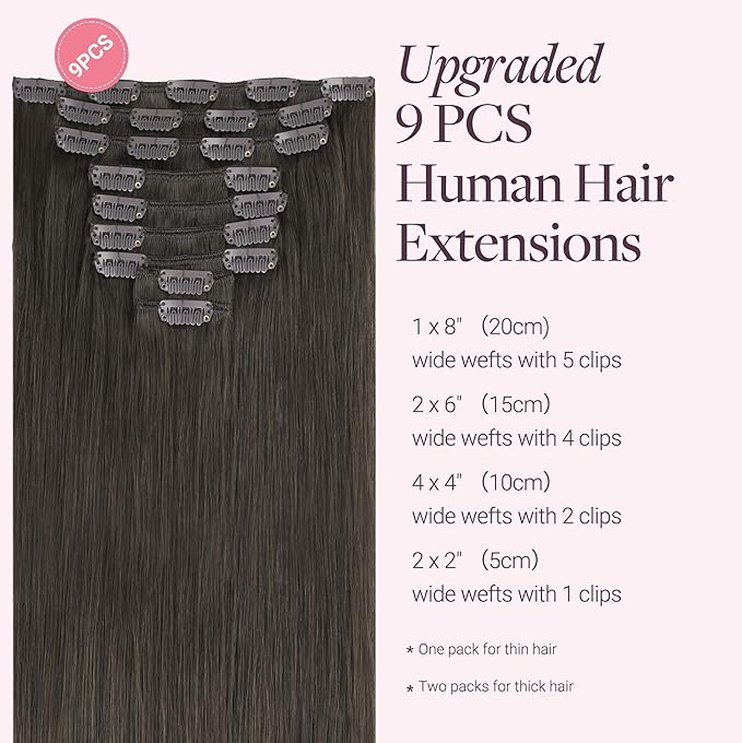 GOO GOO Clip in Hair Extensions Real Human Hair, Remy Human Hair Extensions Clip ins for Women, Natural Human Hair, 14inch 150g 9Pcs, 1C Mocha Brown