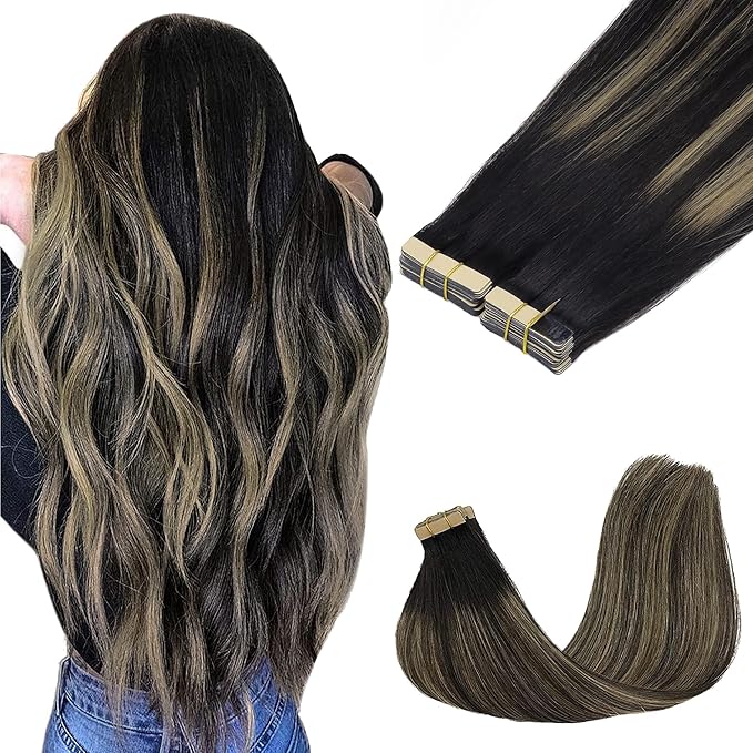 GOO GOO Tape in Hair Extensions Human Hair, 1B/19/1B Natural Black to Light Blonde, 10inch 60g 40pcs, Skin Weft Seamless Invisible, Silky Straight with Thick Ends, Remy Human Hair