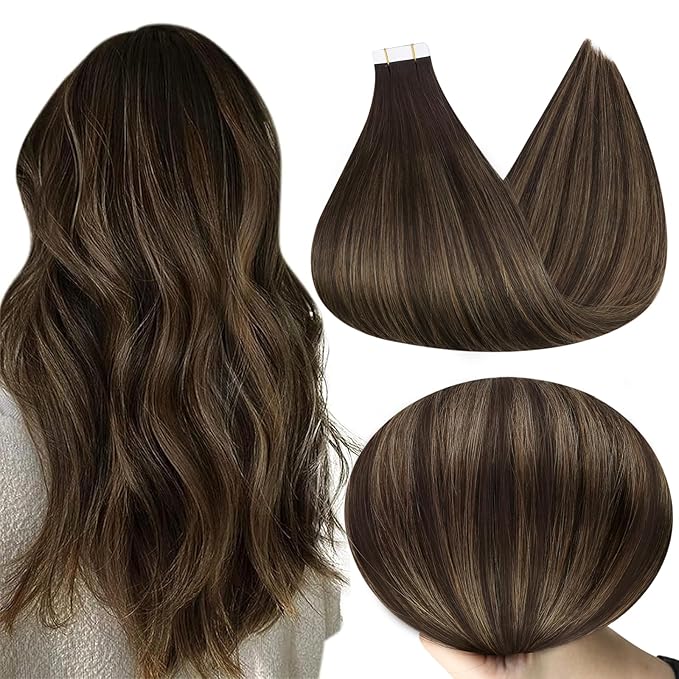 Full Shine Tape in Hair Extensions Invisible Real Human Hair Seamless Skin Weft Darkest Brown Fading to Ash Brown and Brown 12Inch Glue in Remy Hair Extensions Double Sided Extension Tape 20Pcs 30Gram