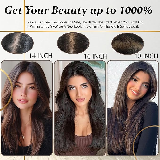 Hair Toppers for Women Real Human Hair, 360° 3D Human Hair Toppers for Women with Thinning Hair Upgrade Middle Part Clip in Bangs (Light Brown NEW, 14 Inch-3D-Side)