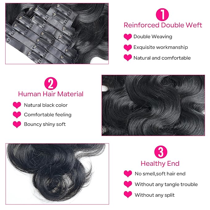 Seamless Clip in Hair Extensions Human Hair Body Wave Human Hair Clip in Extensions 8Pcs PU Clip ins Remy Hair for Women Invisible Skin Weft 18Clips 120g 14inch Natural Black