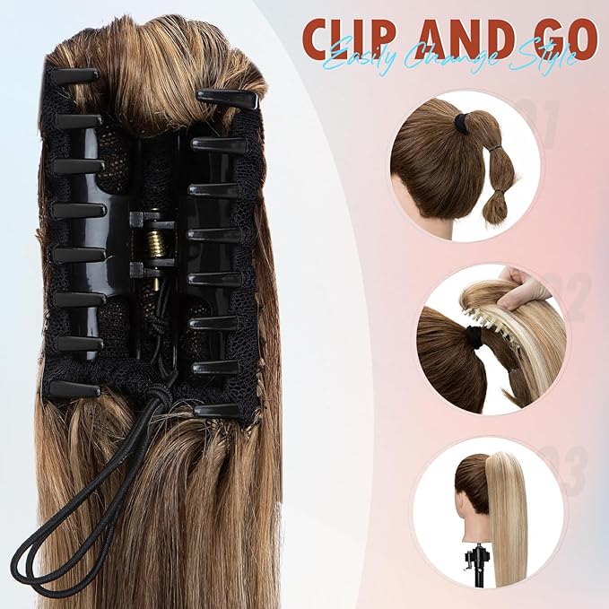 Hairro Claw Clip In Ponytails 100% Real Human Hair Ponytail Hair Extensions Jaw On Ponytail Extensions Jaw/Claw Clips Pony Tail Hairpieces For Women 16 Inch 105g #4P27 Medium Brown Mix Dark Blonde