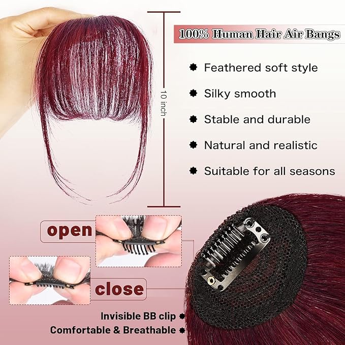 NAYOO Clip in Bangs - 100% Human Hair Wispy Bangs Clip in Hair Extensions, Red Air Bangs Fringe with Temples Hairpieces for Women Curved Bangs for Daily Wear