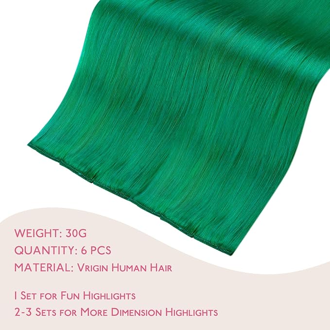 WENNALIFE Green Clip in Hair Extensions Real Human Hair 35g 6pcs 22 Inch Colored Hair Extensions for Kids Women Colorful Hair Pieces Pop-up Style Straight Extensiones De Cabello Humano Con Clip