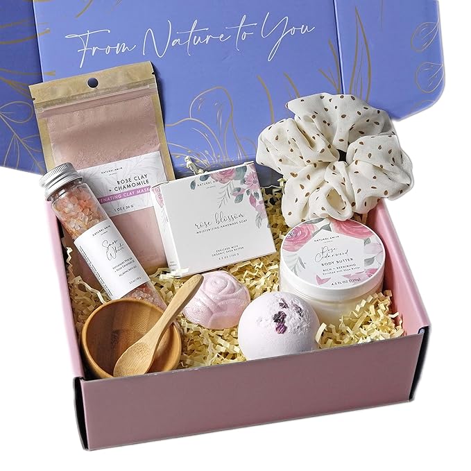 Natural Amor Rose Spa Gifts for Women,8pcs Self Care Box Including Soap Bar, Natural Clay Mask, Bath Butter for Mothers Day Gift