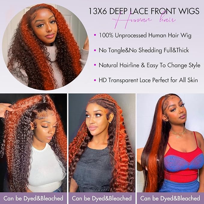 250 density Ginger Deep Wave Lace Front Wigs Human Hair Pre Plucked Hairline Glueless Wigs for Women 13x6 HD Lace Front Wigs Ginger Orange Curly Human Hair Wig Brazilian Hair 28 Inch
