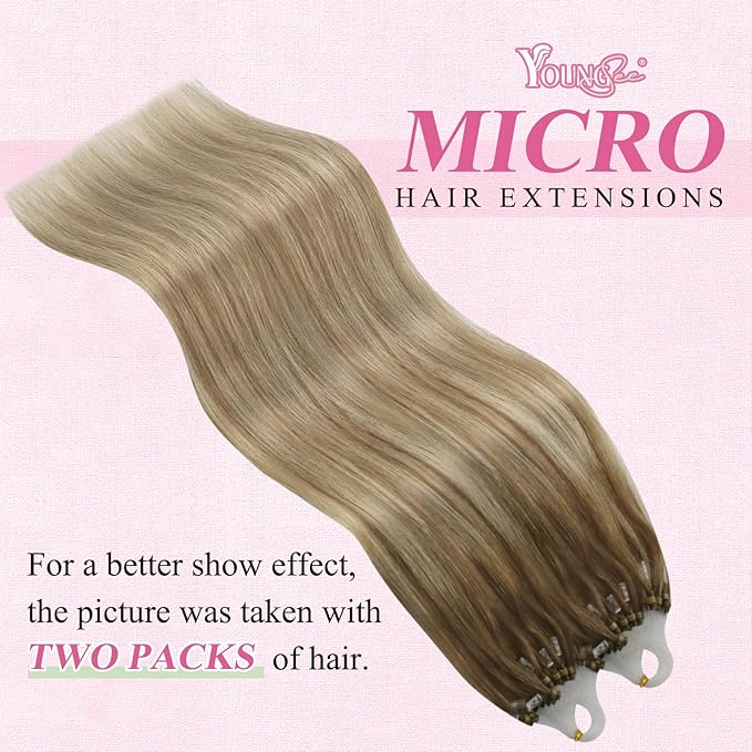 YoungSee Micro Link Hair Extensions Human Hair Ombre Microloop Hair Extensions Human Hair Balayage Light Brown with Blonde Beaded Hair Extension Cold Fusion for Long Hair 24 Inch 50s 50g