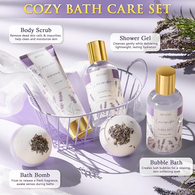 Christmas Birthday Gifts for Women, Lavender Relaxing Spa Gift Baskets for Women Self Care Package Bath Gift Set, Home Bath and Body Kit Pamper Gifts for Womens Mom Her Friends Sister Wife Girlfriend