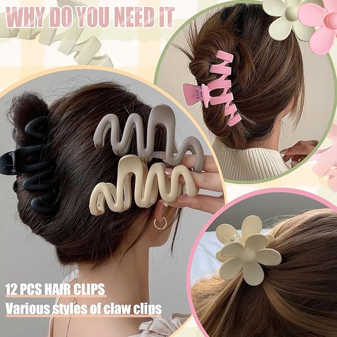 12 Pcs Claw Clips, Multi-Shapes Hair Clips for Women Girls, Non-Slip Large Jaw Claw Clips for Thick Thin Curly Hair Accessories (White + Beige)