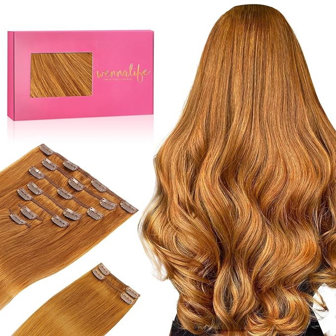 WENNALIFE Clip in Hair Extensions Real Human Hair, 24 Inch 150g 9pcs Human Hair Extensions Clip In, Auburn Ginger Hair Extensions Clip In Real Hair Coloured Remy Human Hair Extensions