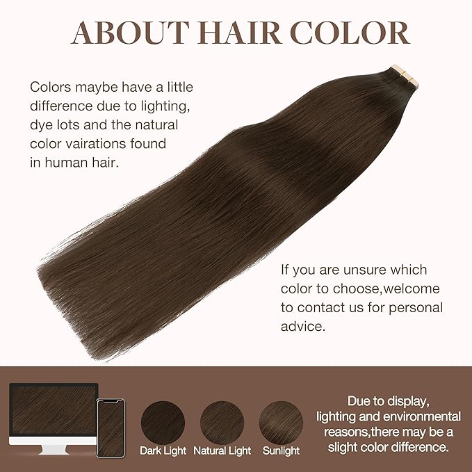 GOO GOO Tape in Hair Extensions Human Hair, 4A Chocolate Brown, 24inch 50g 20pcs, Skin Weft Seamless Invisible, Silky Straight with Thick Ends, Remy Human Hair