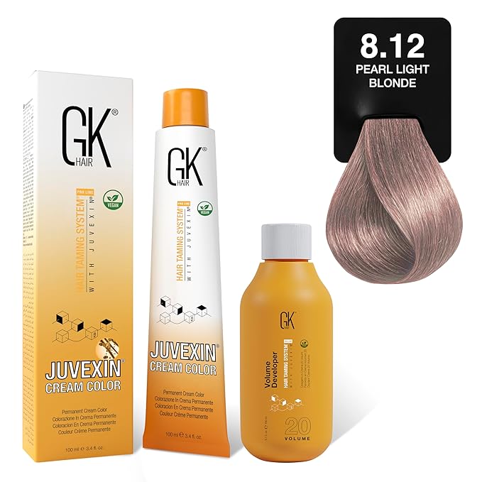 GK HAIR Global Keratin Pearl 8.12 Light Blonde Hair Color Cream Tube (3.4 Fl Oz/100ml) + 20 Volume Developer (5 Fl Oz/150ml) - Professional Permanent Long Lasting Toner Dye
