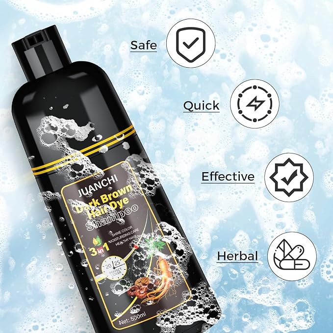 JUANCHI Dark Brown Hair Dye Shampoo 3 in1, Dark Brown Shampoo Hair Dye for Gray Coverage, Natural Hair Color for Women Men, Herbal Formula, Ammonia-free, Lasts 30 Days, 500ml (16.90 oz)