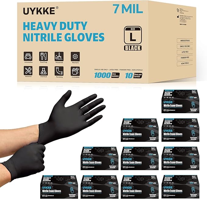 HEAVY DUTY 7 Mil Nitrile Black Gloves Disposable Latex Free Rubber Latex Cleaning Mechanic Food Prep Gloves 1000PCs