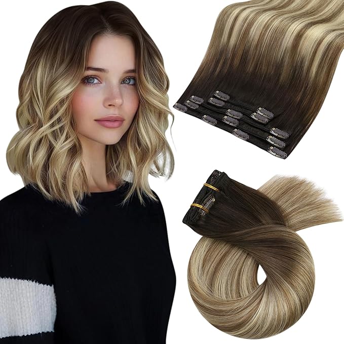 Moresoo Clip in Hair Extensions Balayage Remy Human Hair Extensions Clip in Dark Brown Ombre Medium Brown mix Golden Blonde 5 Pieces 80G 12Inch