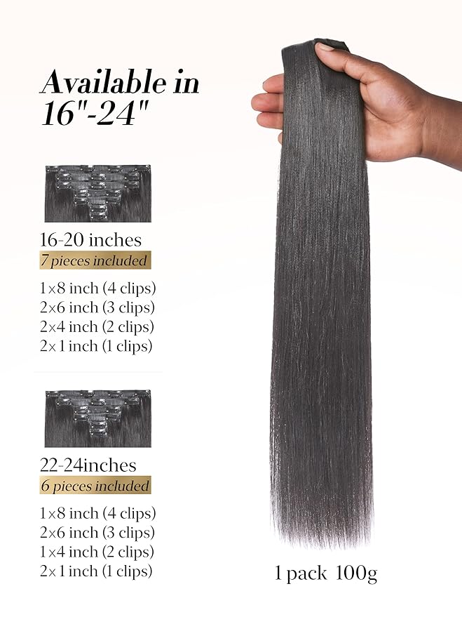 LUVME 0.59mm Zero Trace Invisible Clip in Hair Extensions, Yaki Straight 7 Pcs 100g 20 Inch, 100% Real Human Hair Clip Ins, Seven Piece Full Head Set with Balanced Coverage for Everyday Styles
