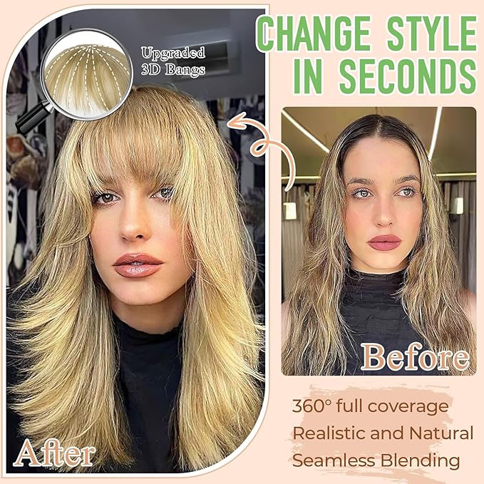 Bangs Hair Clip in Bangs 360°3D Cover Hair Topper Synthetic HairPieces for Women Light Brown Wispy Fake Bangs Toppers for Daily Wear