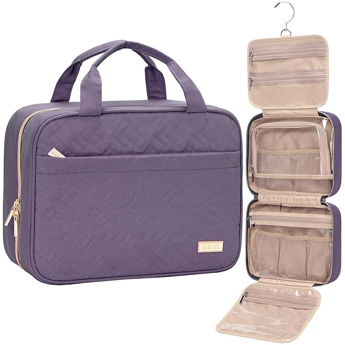NISHEL Travel Toiletry Bag for women, Portable Hanging Organizer for Travel-Sized Shampoo, Conditioner, Brushes Set, Makeup Accessories, Medium Size, Purple