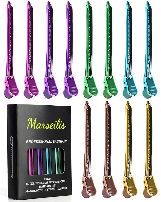 Professional Hair Clips for Styling Sectioning 12 pcs Anti-Slip No-Trace Duck Billed Hair Clips Rustproof Metal Alligator Curl Clips for Salon & Makeup,Mix color