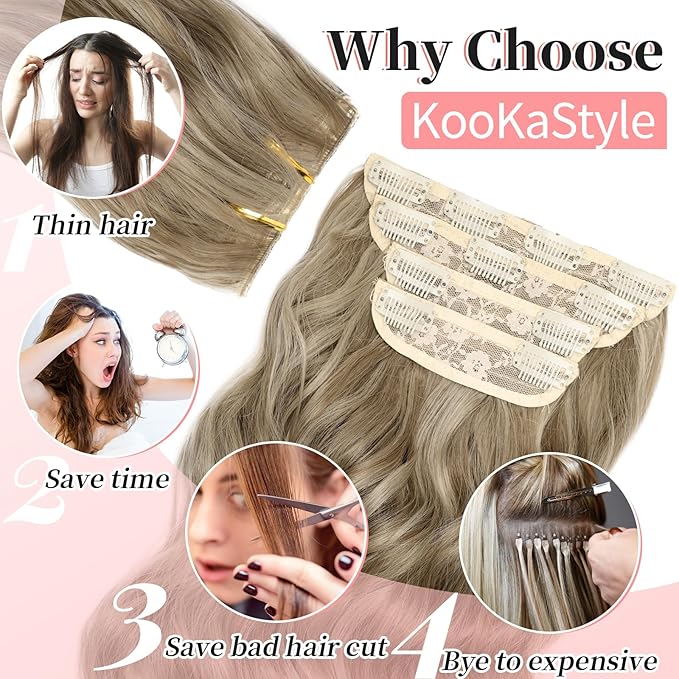 KooKaStyle Hair Extensions Ashy Taupe Blonde Clip in Synthetic Highlight Long Wavy 4PCS Thick Hairpieces for Daily Use 20 Inch for Women