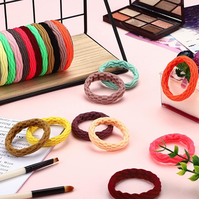 60 Pieces Seamless Ponytail Holders - Thick Cotton Hair Ties, No Crease Bands for Women, Girls, Heavy and Curly Hair, Highly Elastic in 4 Fresh Styles (Bright Colors)