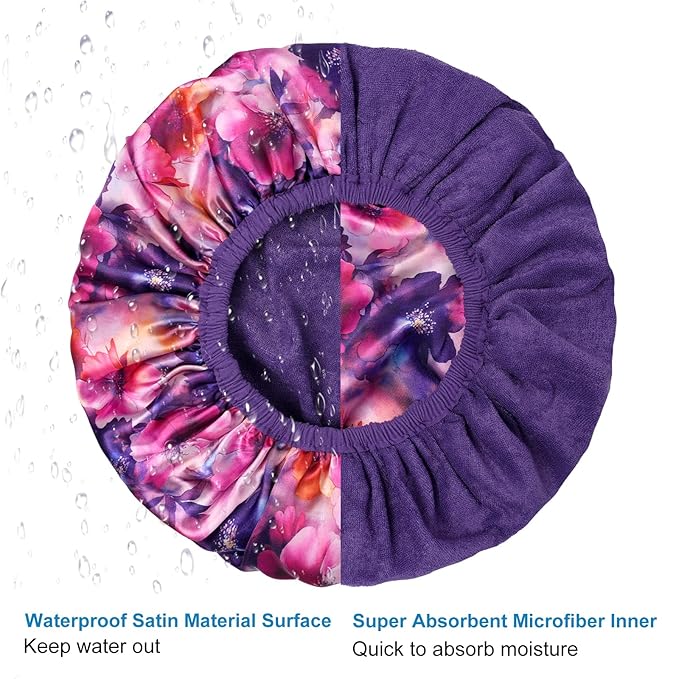 Upgraded Waterproof Terry Shower Caps, Reusable Shower Cap for Women with Long Hair, Soft Absorbent Hair-Protecting Towel Lining Bath Cap, Large Leak-Proof Hair Cap with Fashionable Print Outer-Purple