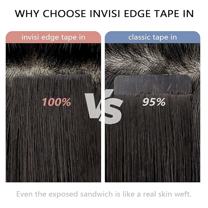 COOKAYU Invisible Tape in Hair Extensions, Darkest Brown 22Inch 50g 20pcs Seamless Invisi Edge Tape in Human Hair Straight Invisible Hair Extensions