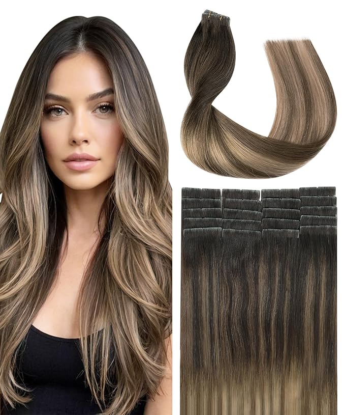 SURNEL Injected Tape in Hair Extensions Human 16 Inch Dark Brown to Dirty Blonde Real Hair Seamless Remy Invisible Tape in Extensions 20Pcs 35g(#2618,16)