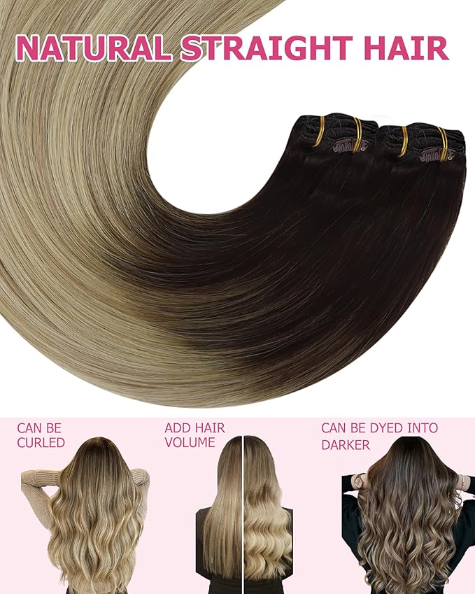 YoungSee Clip in Hair Extensions Human Hair Ombre Real Hair Extensions Clip in Human Hair Medium Brown Ombre Golden Mix Platinum Blonde Balayage Easy to Put on Clip in Hair Extension 7Pcs 24In 120G