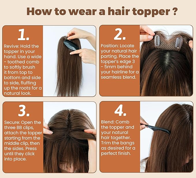 8x11cm Breathable Hair Topper, 12 inches 35g 120% Density Real Human Hair, 3 Non-Slip BB Clips, Wearable on Left, Right & Middle Part, Versatile Styling for Hair Loss & Volume Boost (Black)